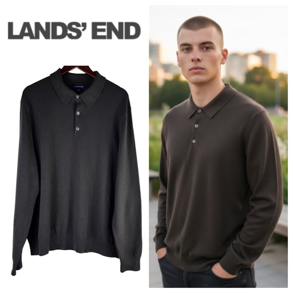 Lands End Cashmere Polo Shirt Sweater Mens XL Charcoal Black Academia Preppy